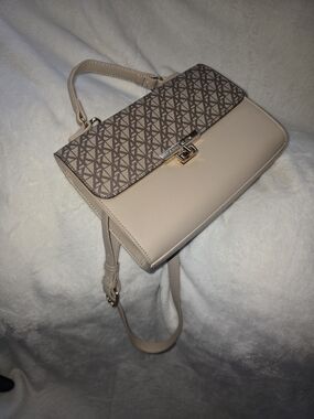Anne Klein Beige Logo-Print Top-Handle Satchel